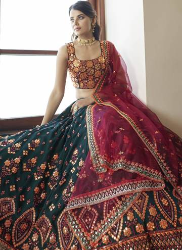 Dark Green Gota Patti Embroidered Georgette Lehenga Choli